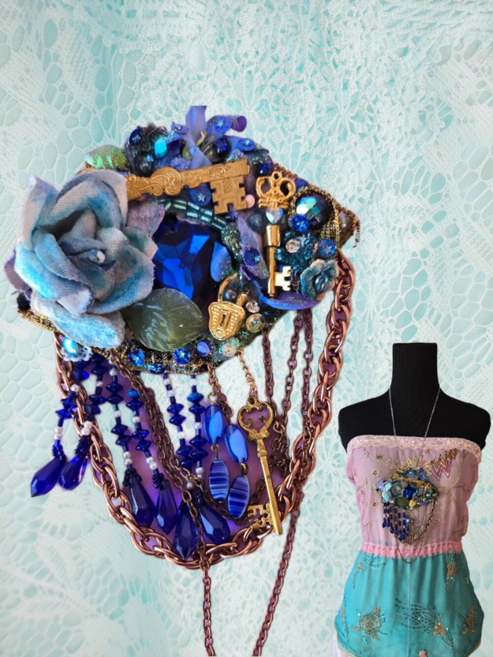 Blue Rose and Jewel Brooch Vintage Style Ornate Maximalist